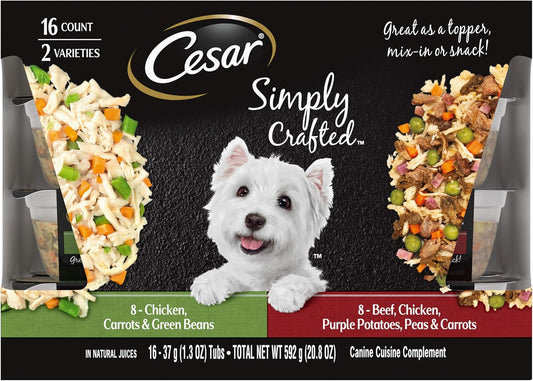 CESAR Simply Crafted Adult Wet Dog Food Meal Topper, Chicken, Carrots & Green Beans and Beef, Chicken, Purple Potatoes, Peas & Carrots Variety Pack, 1.3 oz., Pack of 16