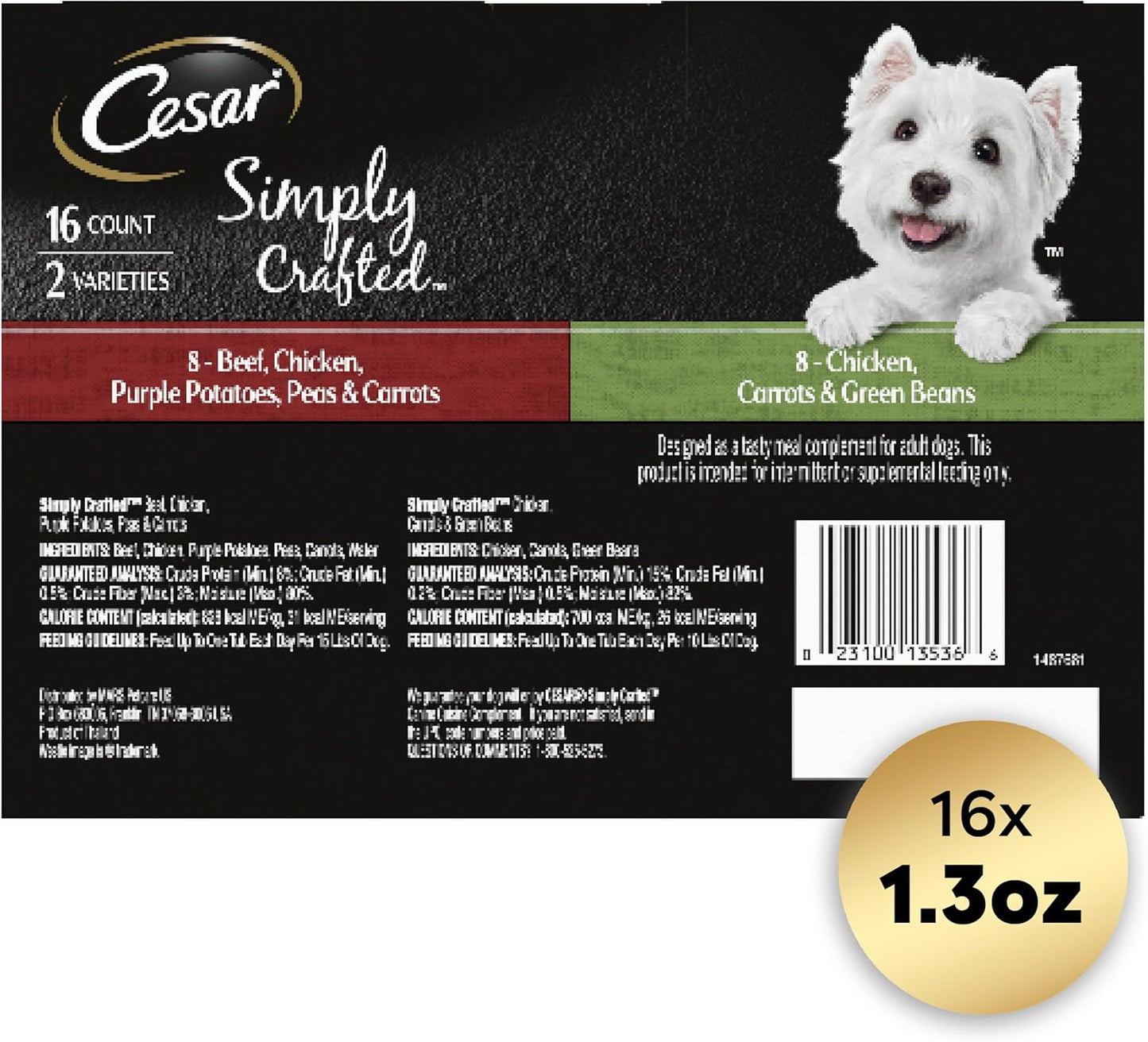 CESAR Simply Crafted Adult Wet Dog Food Meal Topper, Chicken, Carrots & Green Beans and Beef, Chicken, Purple Potatoes, Peas & Carrots Variety Pack, 1.3 oz., Pack of 16