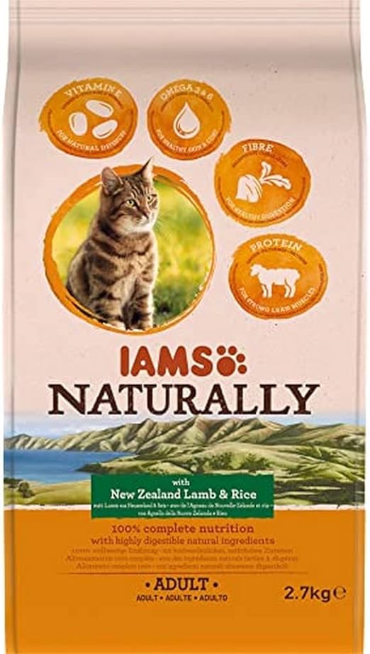 IAMS Naturally Complete Dry Cat Food for Adult 1+ Cats with Lamb and Rice 2.7 kg