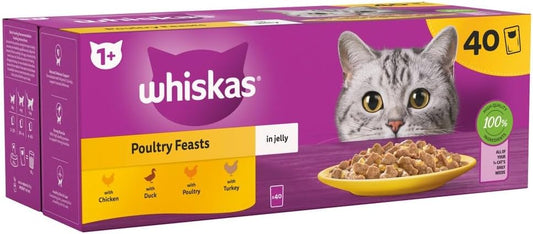 Whiskas 1+ Adult Poultry Selection in Jelly 40 Pouches, Adult Wet Cat Food, Megapack (40 x 85 g)