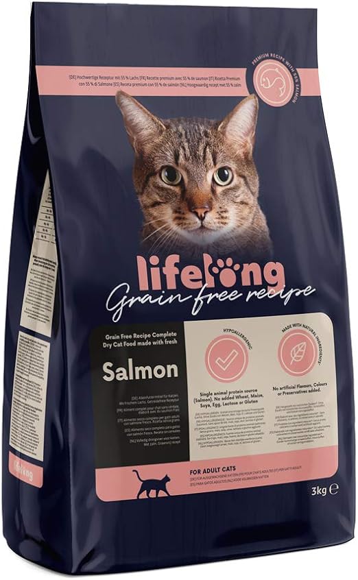 Amazon Brand - Lifelong - Dry Cat Food for Adult Cats, Grainfree Recipe with Fresh Salmon, 1 Pack of 3kg