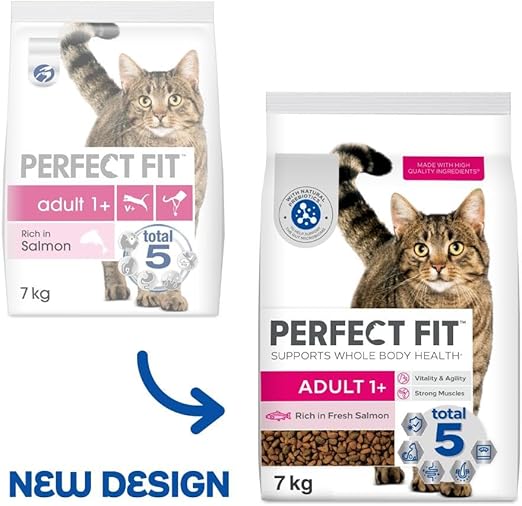 Perfect Fit Adult 1+ Complete Dry Cat Food for Adult Cats Aged 1+ Years, Rich in Salmon, 1 Bag (7 kg)