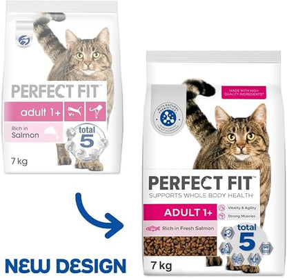 Perfect Fit Adult 1+ Complete Dry Cat Food for Adult Cats Aged 1+ Years, Rich in Salmon, 1 Bag (7 kg)