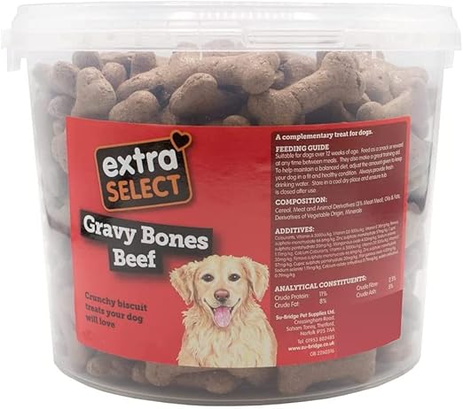 Extra Select Gravy Bones Beef Flavoured Dog Treat Biscuits in a 1ltr Bucket (approx 110 biscuits)