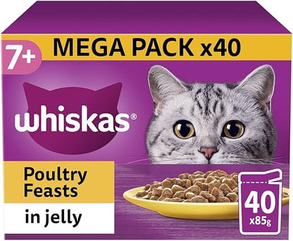 Whiskas 7+ Senior Cat Food Poultry Selection in Jelly, 85 g (Pack of 40), Packaging May Vary