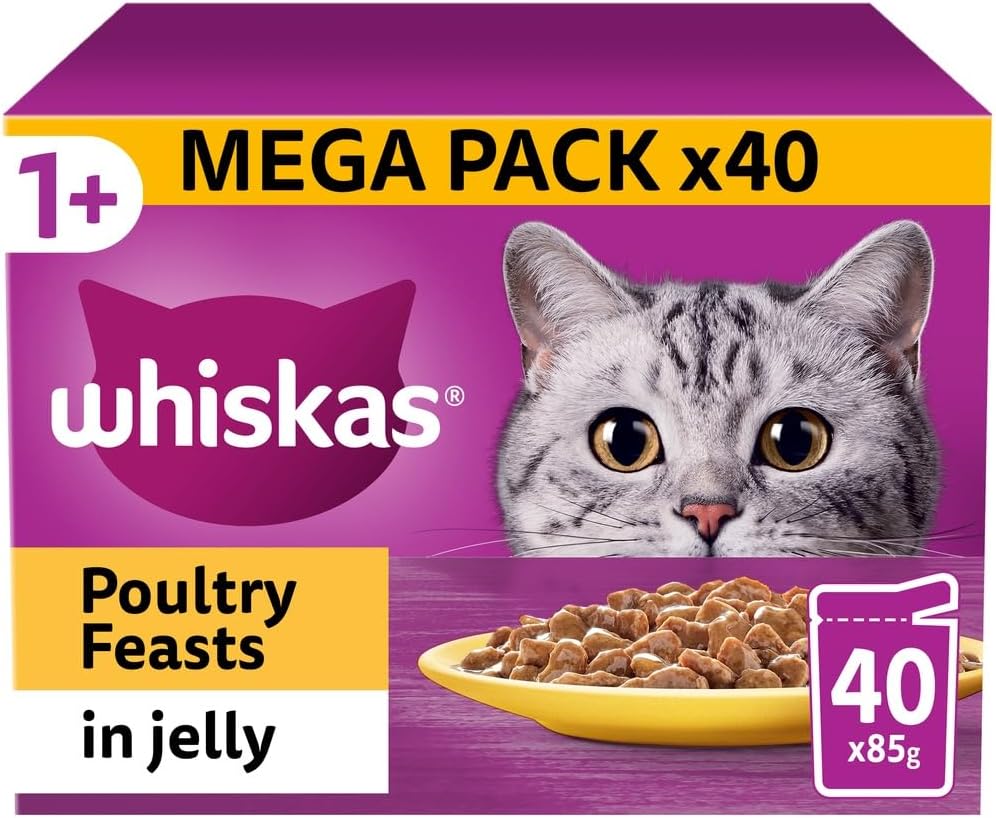 Whiskas 1+ Adult Poultry Selection in Jelly 40 Pouches, Adult Wet Cat Food, Megapack (40 x 85 g)