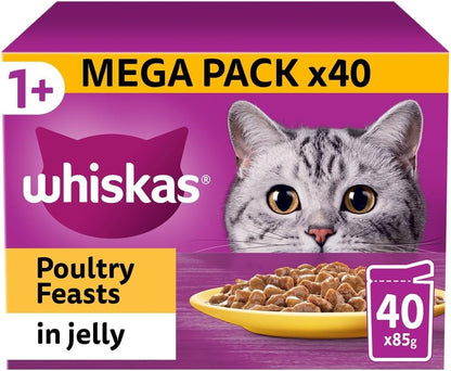 Whiskas 1+ Adult Poultry Selection in Jelly 40 Pouches, Adult Wet Cat Food, Megapack (40 x 85 g)