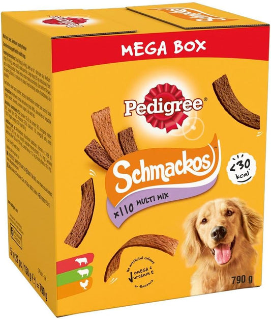 Pedigree Schmackos Mega Pack 110 Strips Snacks, Dog Treat Multipack with Beef, Lamb and Poultry Flavours, 790 g (Pack of 1)Brand	Pedigree Flavour	Meat Variety Age range (description)	Adult Item form	Pellet Specific uses for product	Training, Treating