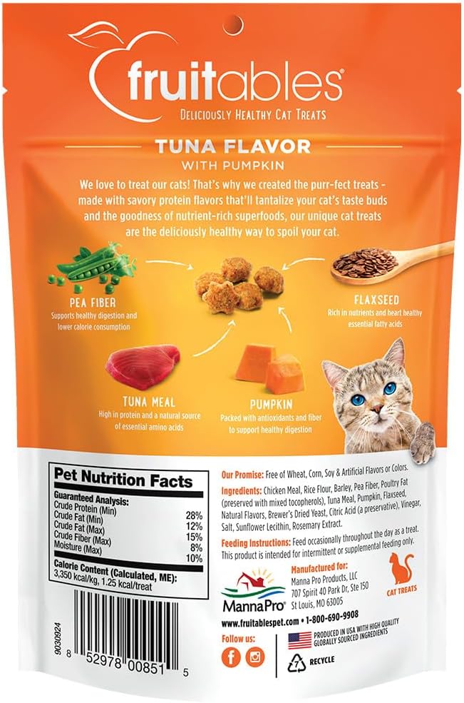 Fruitables Crunchy Treats For Cats – Healthy Low Calorie Treats Packed with Protein – Free of Wheat, Corn and Soy – Made with Real Tuna with Pumpkin – 2.5 Ounces