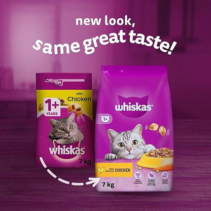 Whiskas 1+ Adult Chicken, Adult Dry Cat Food , 7 kg ( Pack of 1)