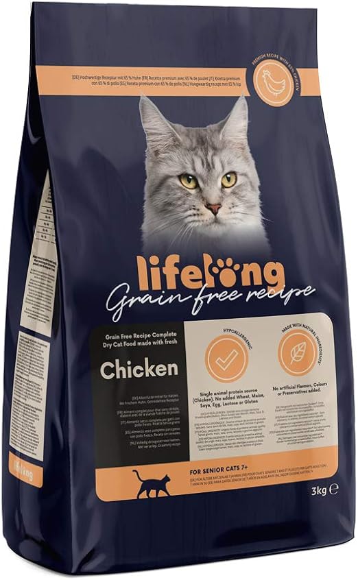 Amazon Brand - Lifelong - Grainfree Recipe Dry Cat Food (Senior) with Fresh Chicken - 3kg