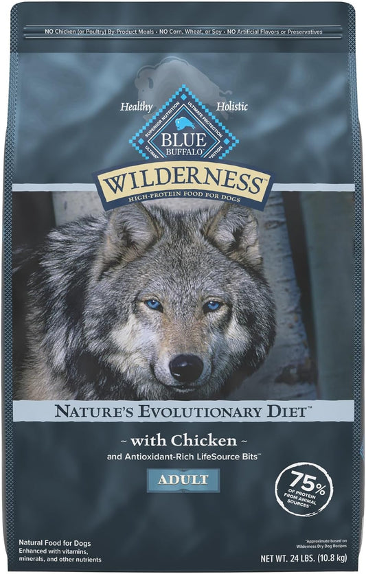 Blue Buffalo Wilderness Natural High-Protein Dry Food for Adult Dogs, Chicken Recipe, 24-lb. Bag