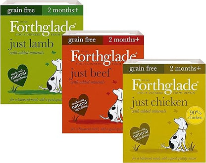 Forthglade Complementary Wet Dog Food Variety Pack (12 x 395g Trays) - Just Chicken, Lamb & Beef, 90% Meat, Grain Free Stomach Sensitive Dog Food with Natural Ingredients, Hypoallergenic Dog Food