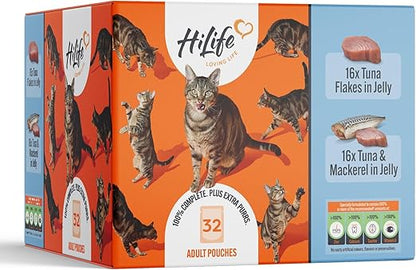 HiLife it's only natural - Complete Wet Cat Food - The Big Tuna One in Jelly - 100% Natural Ingredients Grain Free, 32 Pouches x 70g