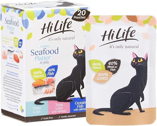 HILIFE it's only natural - Wet Cat Food - Luxury Seafood Platter in Jelly Tuna Loin Salmon Shrimps - 100% Natural Grain Free, 20 Pouches x 50g