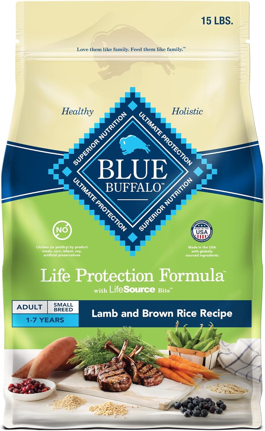 Blue Buffalo Life Protection Formula Adult Small Breed Dry Dog Food, Supports High Energy Needs, Made with Natural Ingredients, Lamb & Brown Rice Recipe, 15-lb. Bag