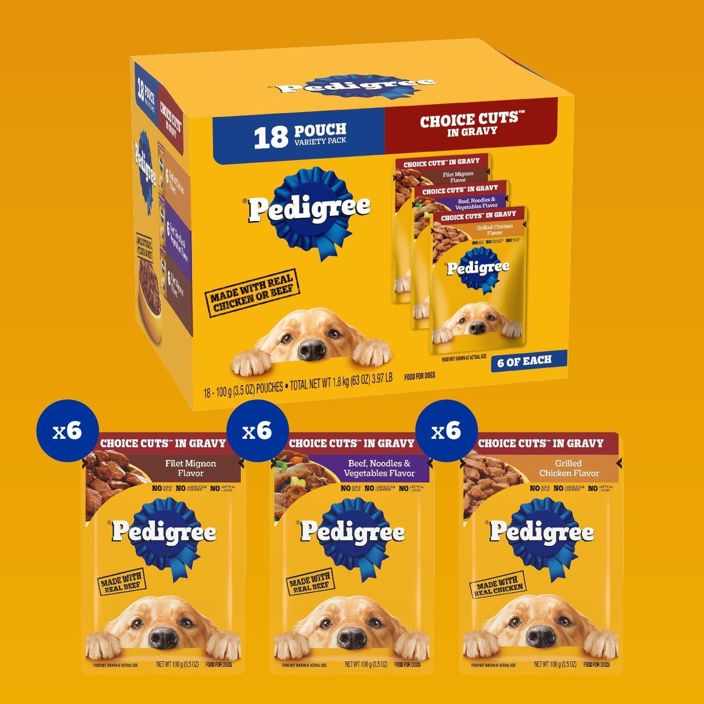 PEDIGREE CHOICE CUTS in Gravy Adult Soft Wet Meaty Dog Food Variety Pack, (18) 3.5 oz. Pouches