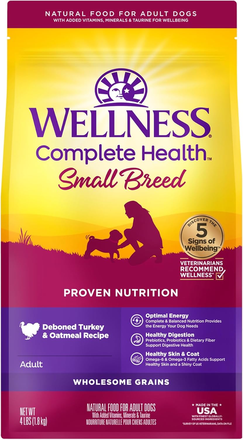 Wellness Complete Health Small Breed Dry Dog Food with Grains, Natural Ingredients, Made in USA with Real Turkey, For Dogs Up to 25 lbs, (Adult, Turkey & Oatmeal, 4-Pound Bag)