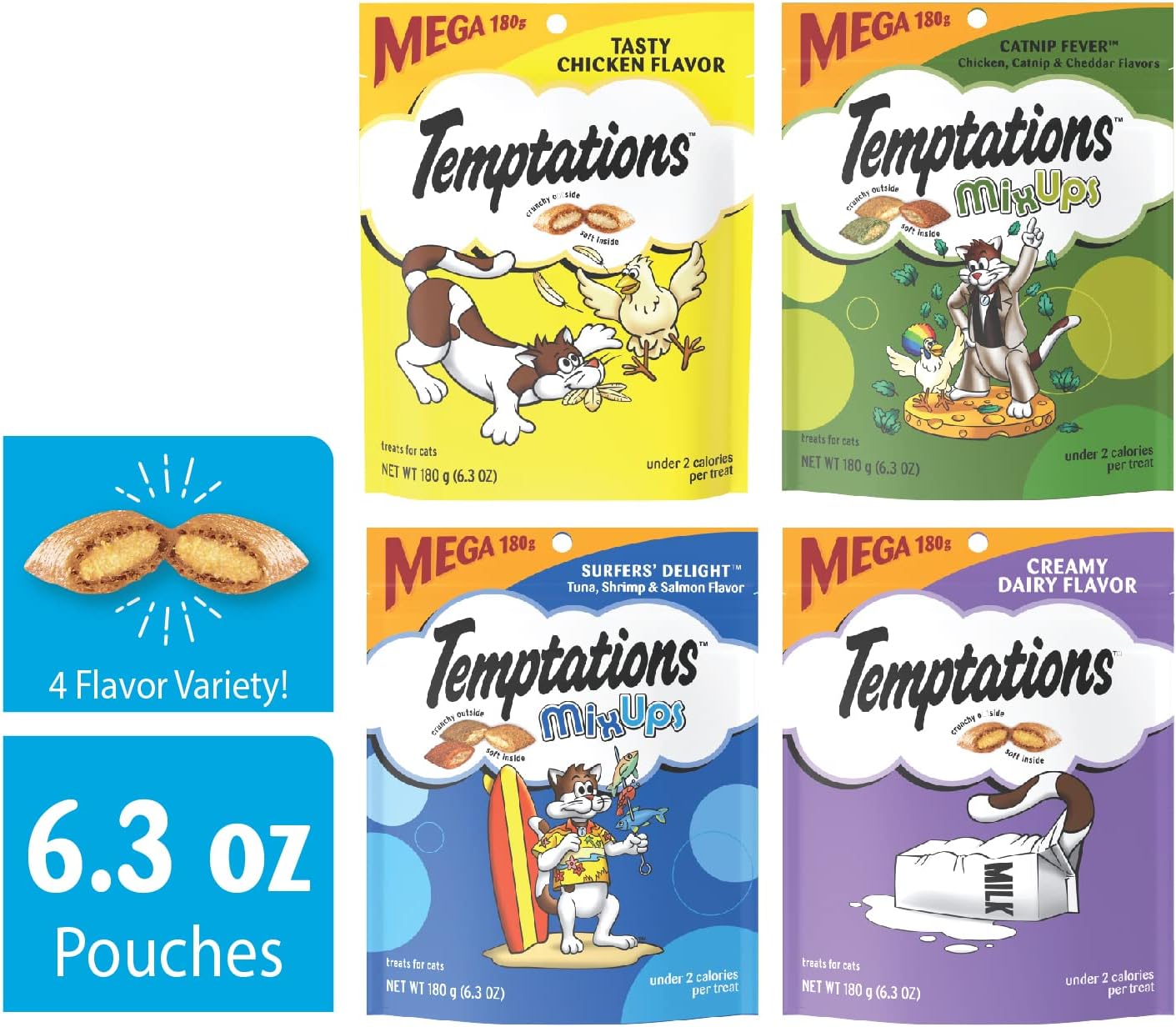 Temptations Classics and MixUps Crunchy and Soft Cat Treats Variety Mega Pack, (4) 6.3 oz. Pouches