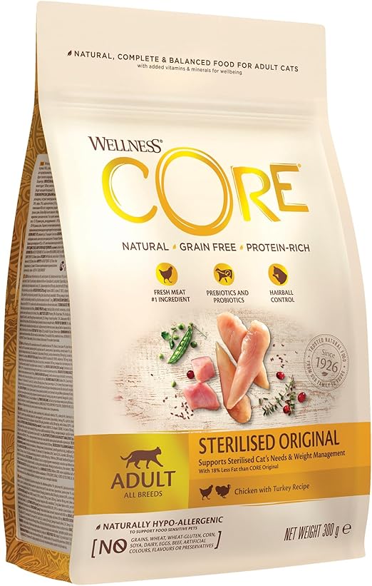 Wellness CORE Sterilised Original, Dry Cat Food, Cat Food Dry Sterilised Cats, Grain Free, High Meat Content, Turkey & Chicken, 300 G