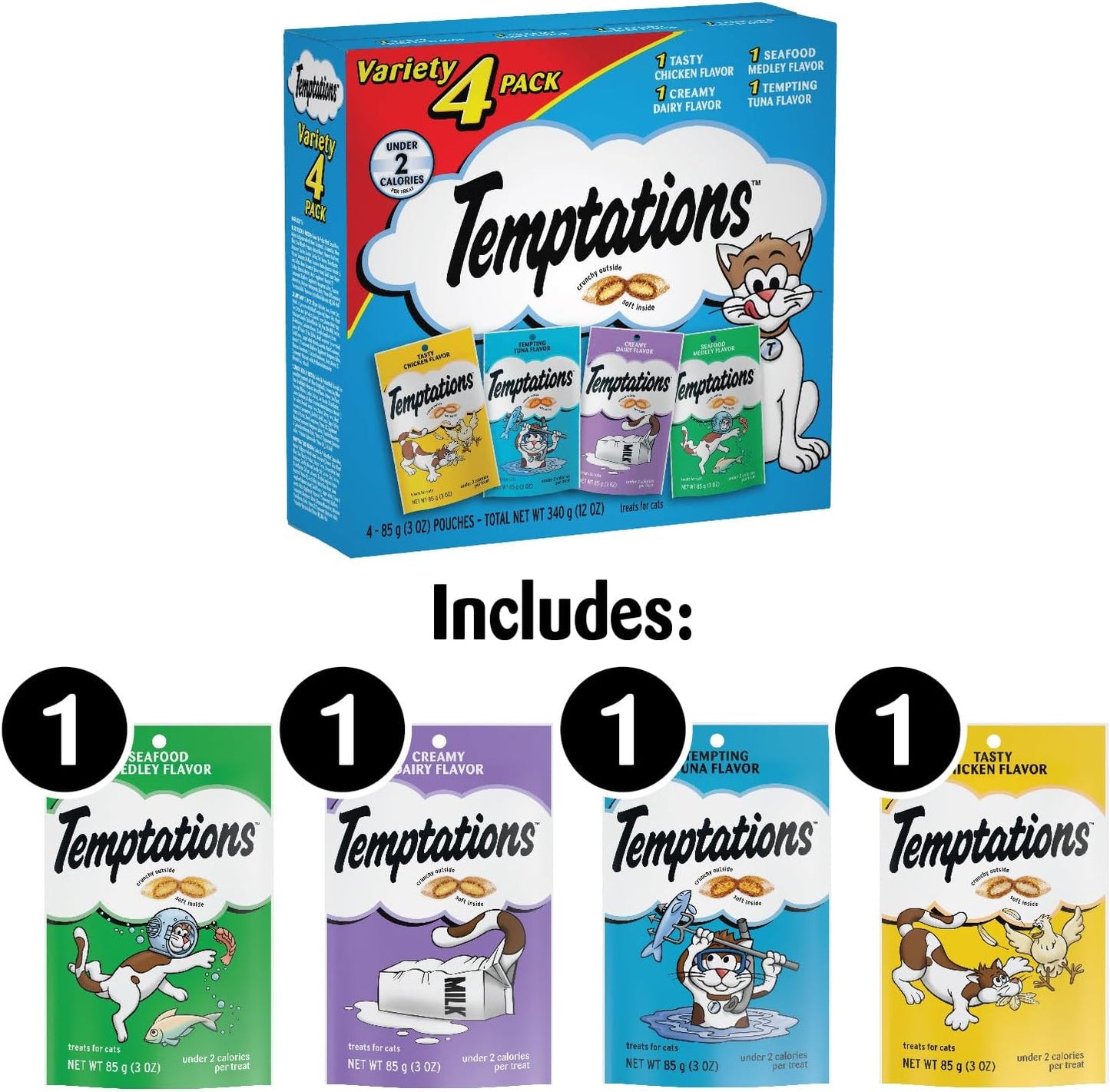 TEMPTATIONS Classic Crunchy and Soft Cat Treats Feline Favorite Variety Pack, (4) 3 oz. Pouches