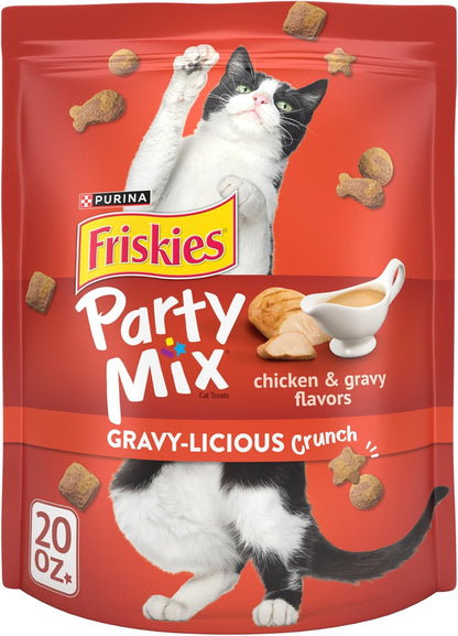 Purina Friskies Cat Treats, Party Mix Gravy-licious Crunch Chicken and Gravy Flavors - 20 oz. Pouch