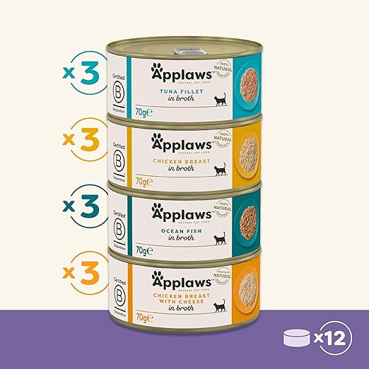 Applaws Natural Wet Cat Food, Multipack Chicken and Fish Selection in Broth 70 g Tin (Pack of 12)