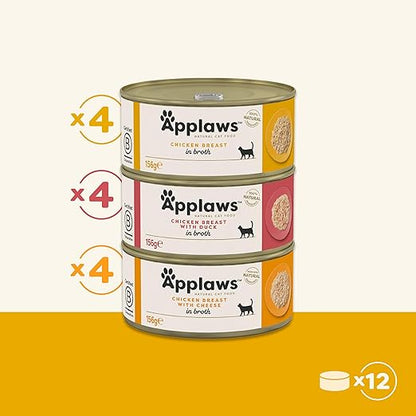 Applaws 100% Natural Wet Cat Food, Multipack Chicken Selection in Broth 156 g Tin (Pack of 12)