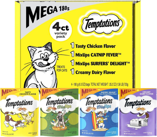 Temptations Classics and MixUps Crunchy and Soft Cat Treats Variety Mega Pack, (4) 6.3 oz. Pouches