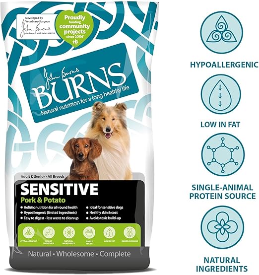 Burns Pet Nutrition Hypoallergenic Complete Dry Dog Food Adult and Senior Dog Sensitive with Pork and Potato 2 kg