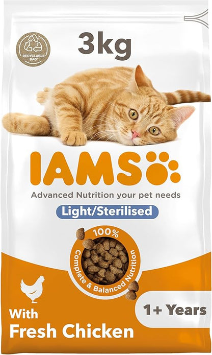 IAMS Light in Fat Dry Cat Food Chicken 3kg - Advanced Nutrition Cat Food - Ages 1+ Years