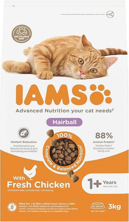 IAMS Hairball Complete Dry Cat Food for Adult and Senior Cats with Chicken 3 kg