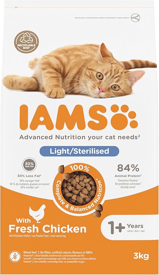 IAMS Light in Fat Dry Cat Food Chicken 3kg - Advanced Nutrition Cat Food - Ages 1+ Years