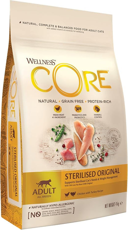 Wellness CORE Sterilised Original, Dry Cat Food, Cat Food Dry for Sterilised Cats, Grain Free, High Meat Content, Turkey & Chicken, 4 kg