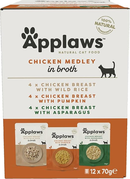 Applaws 100% Natural Wet Cat Food, Pouch Multipack Chicken Selection in Broth 70g, (12 x 70 g Pouches)