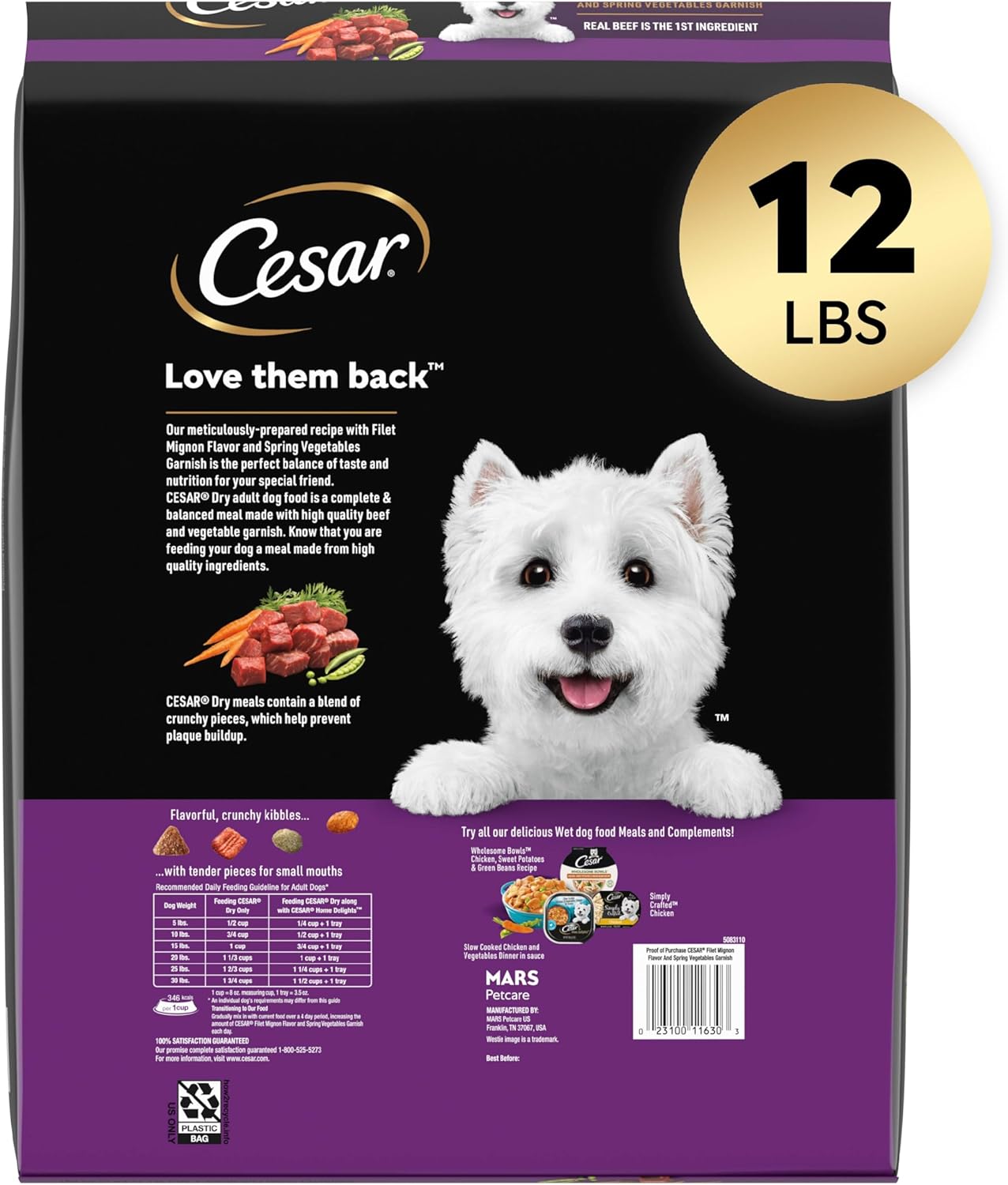 CESAR Small Breed Adult Dry Dog Food Filet Mignon Flavor with Spring Vegetables Garnish Dog Kibble, 12 lb. Bag