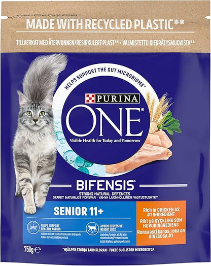 Purina ONE 11+ Dry Cat Food Rich in Chicken 750g, Pack of 4