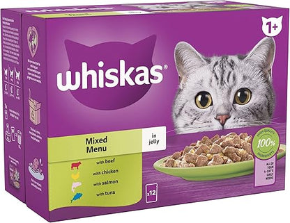 Whiskas 1+ Mixed Selection in Jelly 48 x 85 g Pouches, Adult Cat Food, Pack of 4 (12 x 85 g)