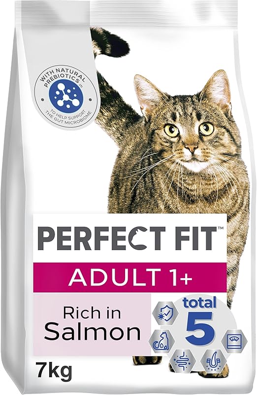 Perfect Fit Adult 1+ Complete Dry Cat Food for Adult Cats Aged 1+ Years, Rich in Salmon, 1 Bag (7 kg)