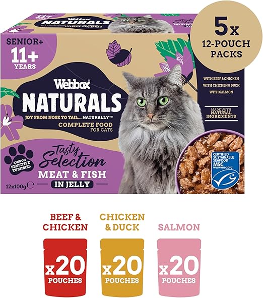 Webbox Naturals Complete Senior (11+) Wet Cat Food, 60 x Meat & Fish in Jelly Variety Pack - Made with Natural Ingredients and No Nasties (60 x 100g Pouches)