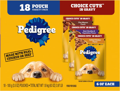 PEDIGREE CHOICE CUTS in Gravy Adult Soft Wet Meaty Dog Food Variety Pack, (18) 3.5 oz. Pouches