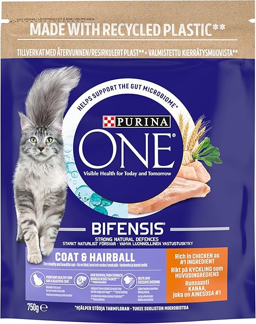 Purina ONE Adult Dry Cat Food Coat & Hairball, Rich in Chicken 750g, Pack of 4