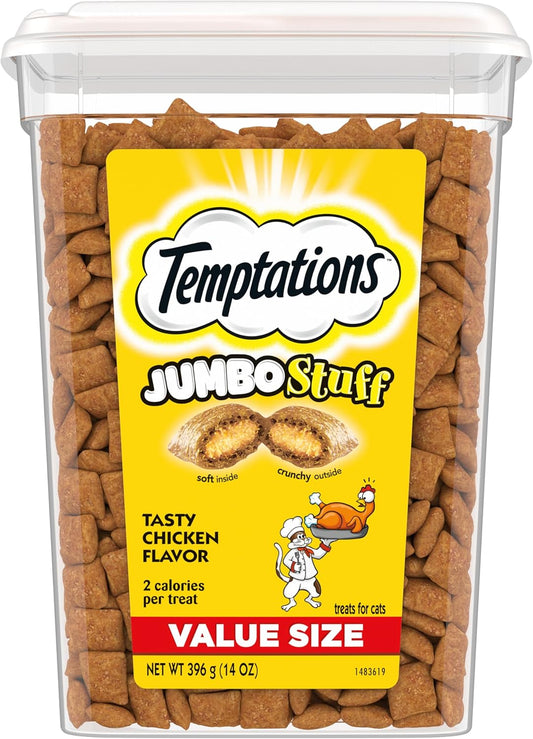 TEMPTATIONS Jumbo Stuff Crunchy and Soft Cat Treats, Tasty Chicken Flavor, 14 oz. Tub, (Pack of 1)