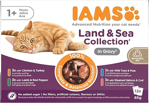 IAMS Delights Complete Wet Cat Food for Adult 1+ Cats Meat and Fish Variety in Gravy Multipack 12 x 85 g Pouches