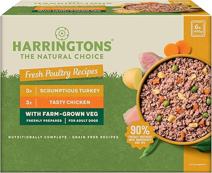 Harringtons Complete Wet Tray Grain Free Hypoallergenic Adult Dog Food Poultry Pack 6x400g - Turkey & Chicken - Made with All Natural Ingredients