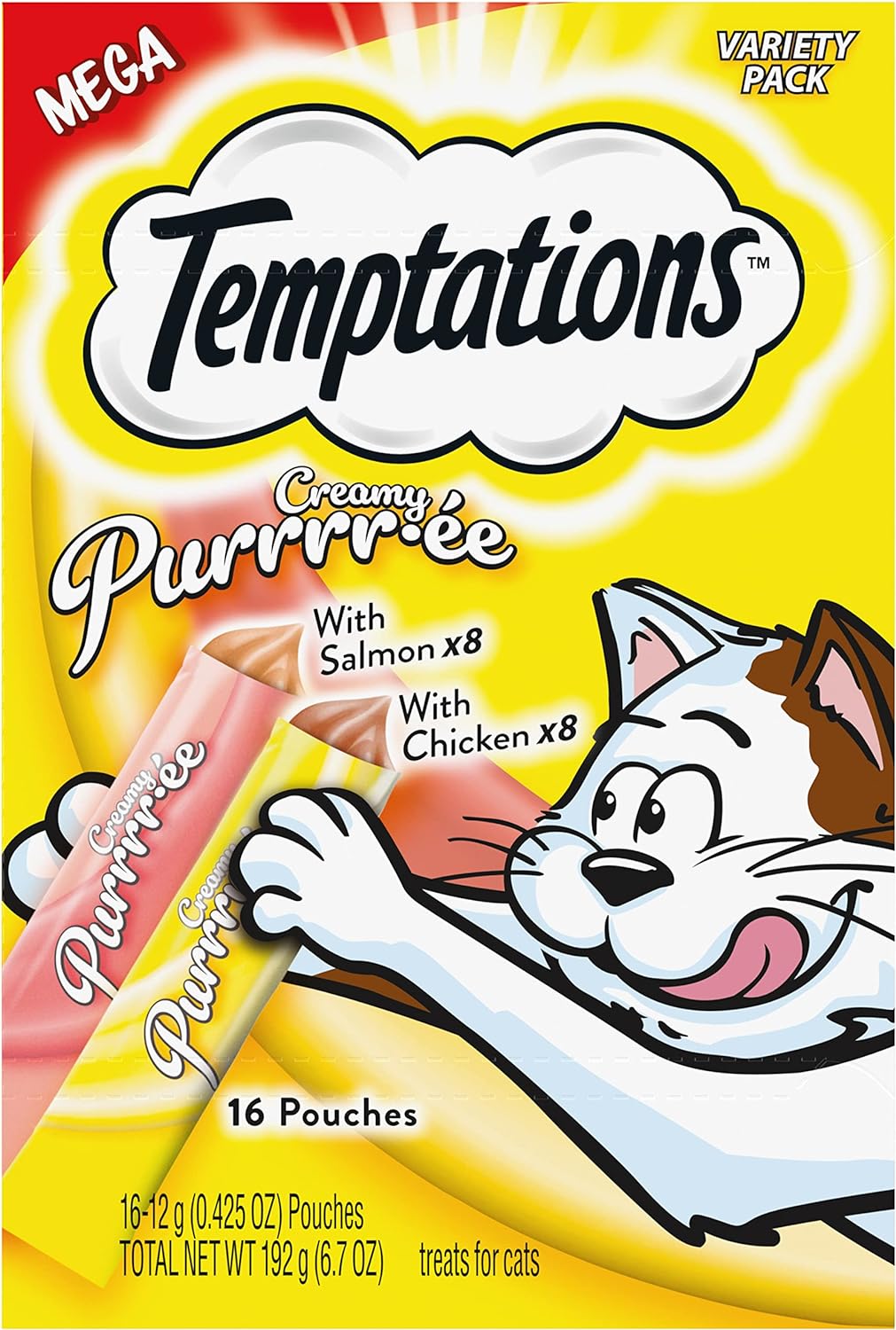 Temptations Creamy Puree Squeezable Lickable Wet Cat Treat Variety Pack, 0.42 oz. Tubes, Pack of 16