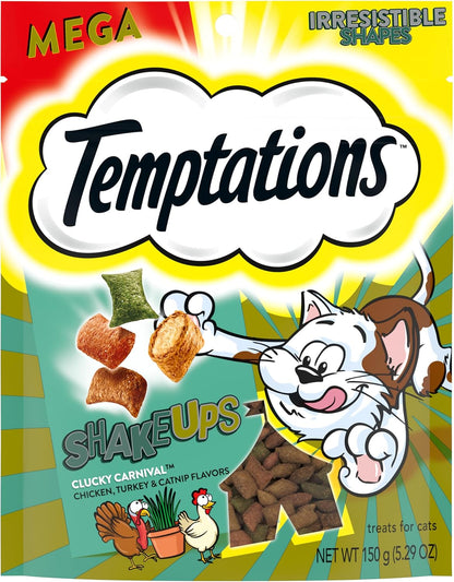 TEMPTATIONS ShakeUps Crunchy and Soft Cat Treats, CLUCKY CARNIVAL, Multiple Sizes