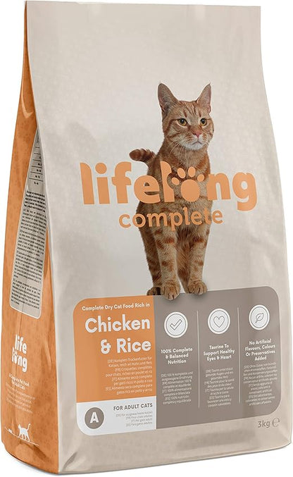 Amazon Brand - Lifelong - Complete Dry Cat Food Rich in Chicken & Rice for Adult Cats, 1 Pack of 3 kg