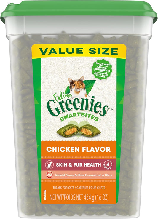 FELINE GREENIES SMARTBITES Skin & Fur Health Crunchy and Soft Textured Adult Natural Cat Treats, Chicken Flavor, 16 oz. Tub