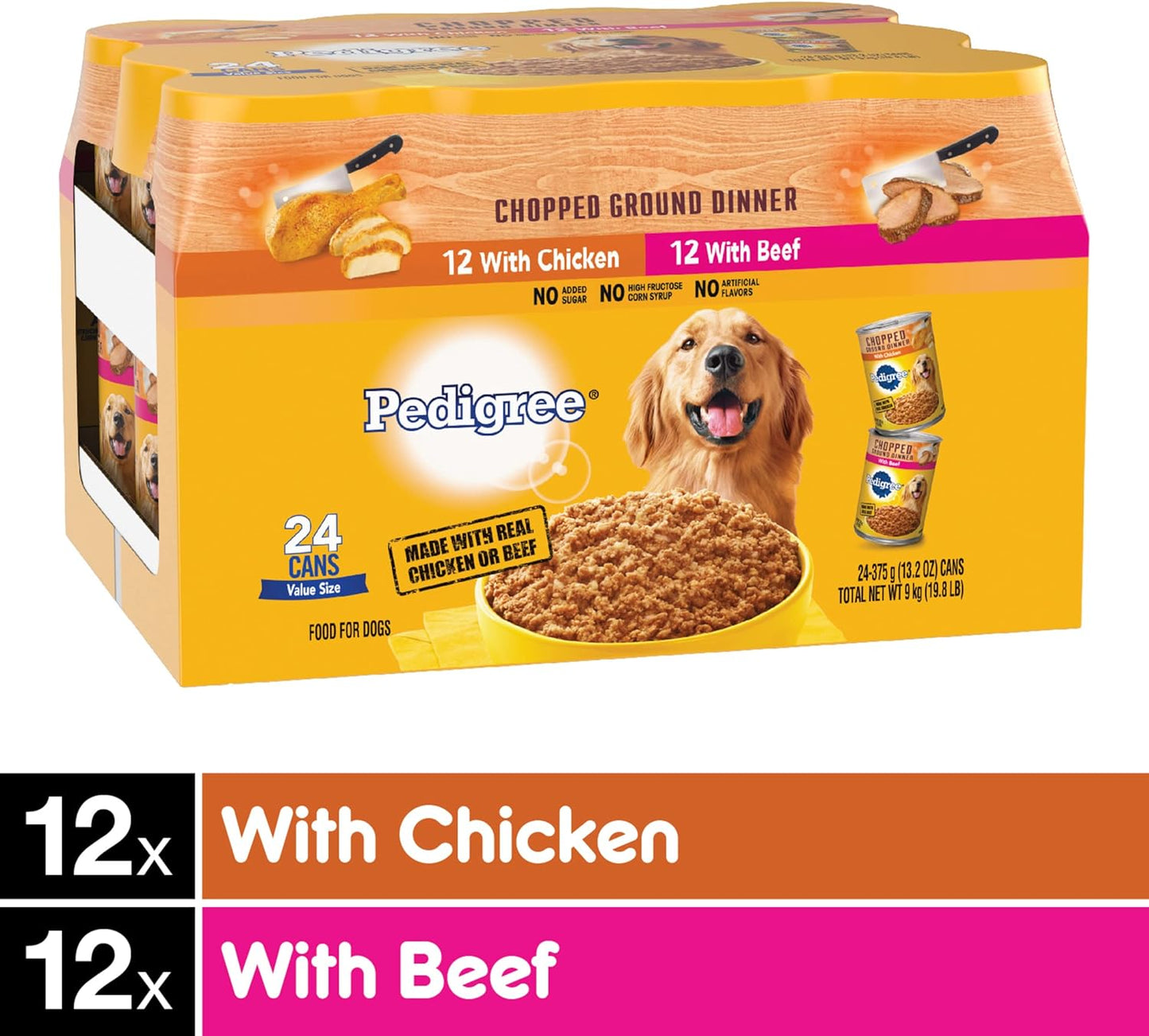 PEDIGREE CHOPPED GROUND DINNER Adult Canned Soft Wet Dog Food Variety Pack, with Chicken and Beef, 13.2 oz. Cans 24 Pack